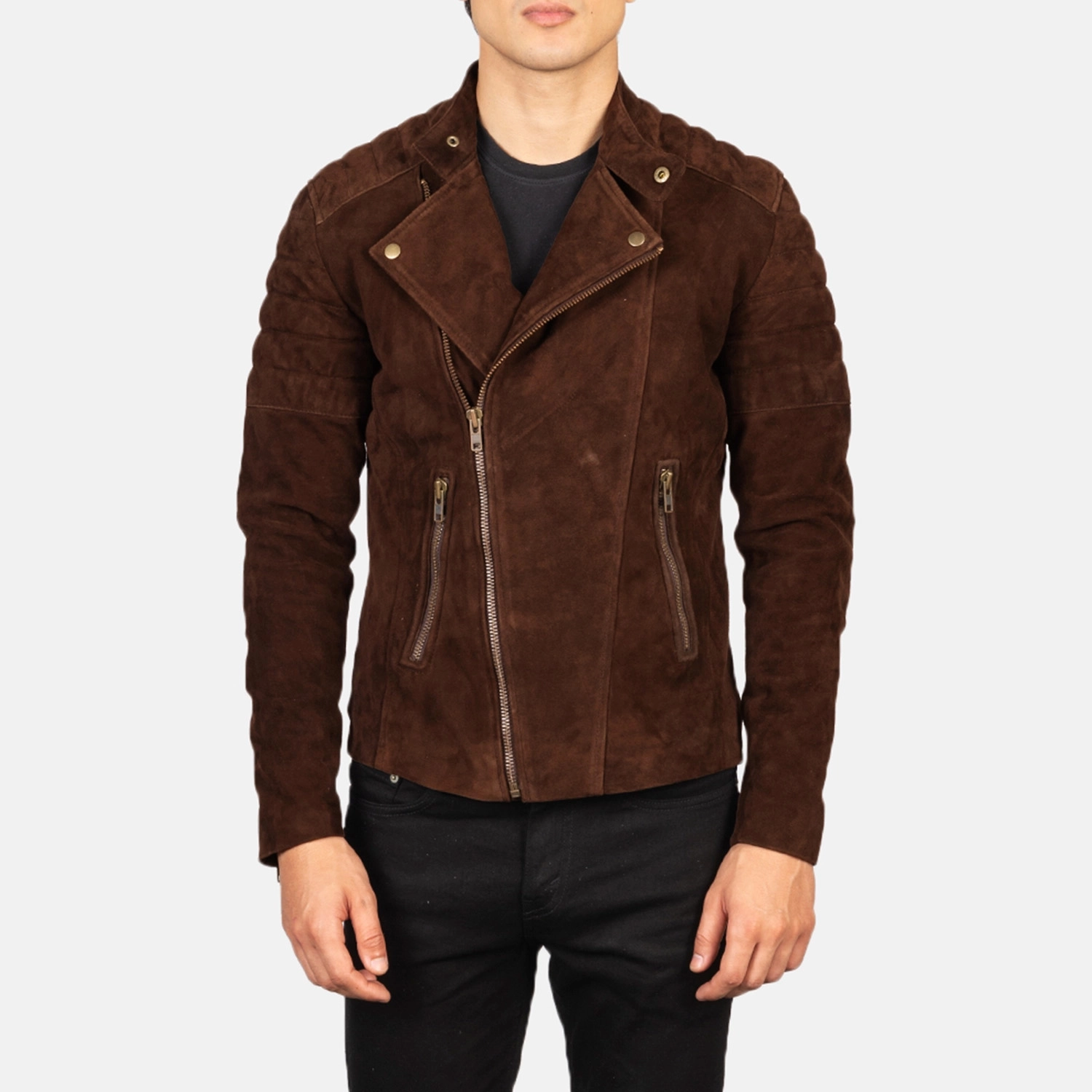 Mens Faisor Mocha Suede Biker Jacket Close Front-4-1720091745681